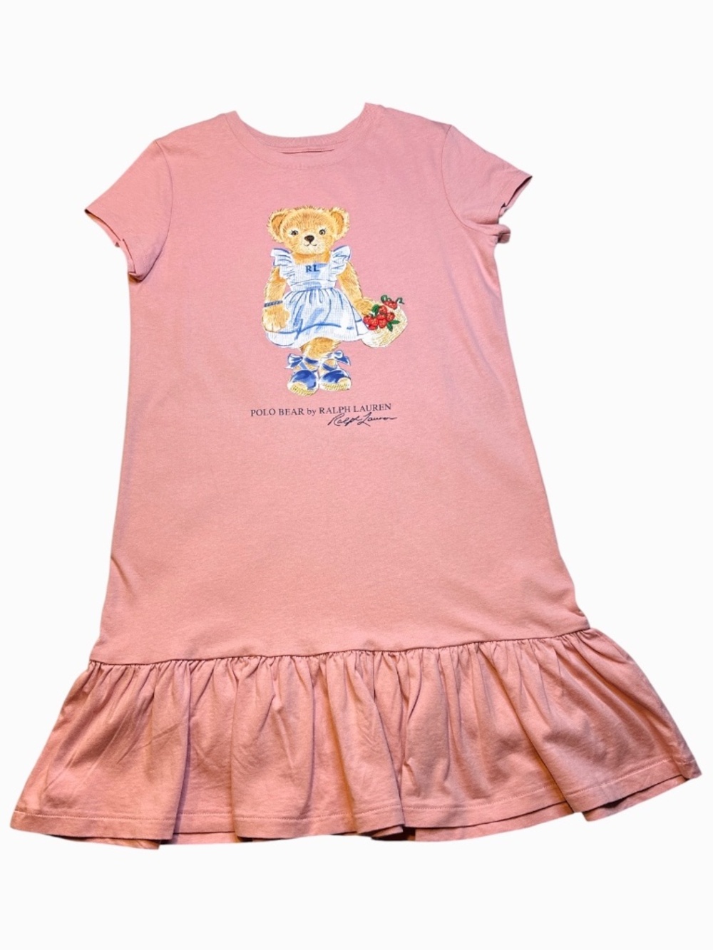Polo Ralph Lauren Pink Polo Bear Ruffle Hem Dress Girls M 8-10 NWT